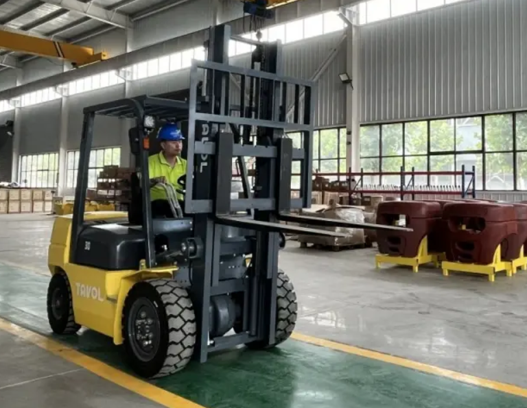Driving a forklift wearing a hard helmet